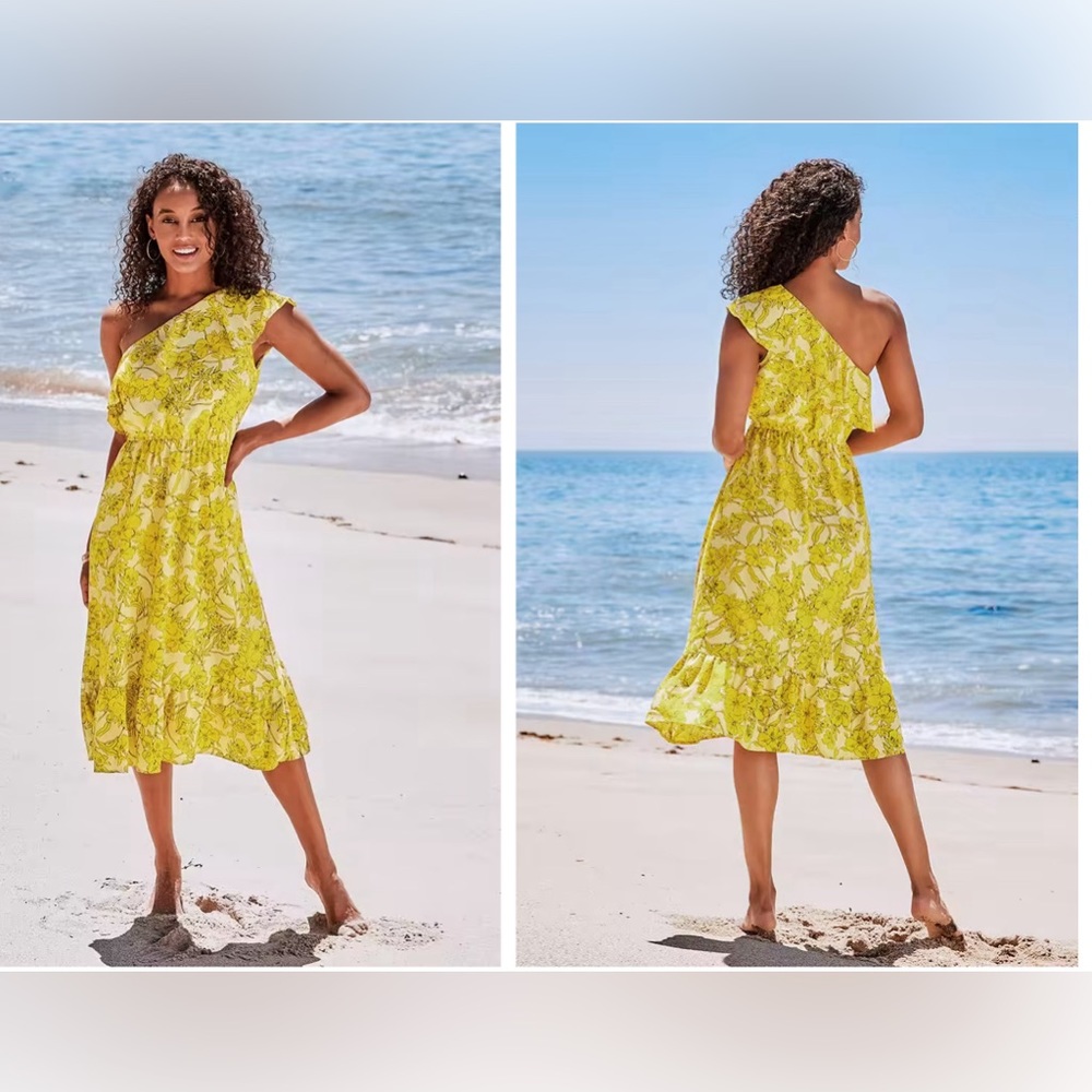 Cupshe Stevie Yellow Floral One Shoulder Midi Dress Size XL NWT